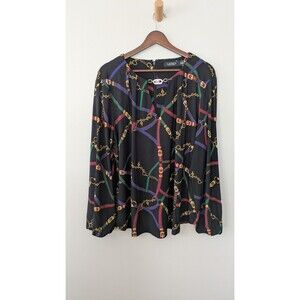 Lauren Ralph Lauren Womens Belting Print Top 2X Equestrian Logo Preppy Old Money